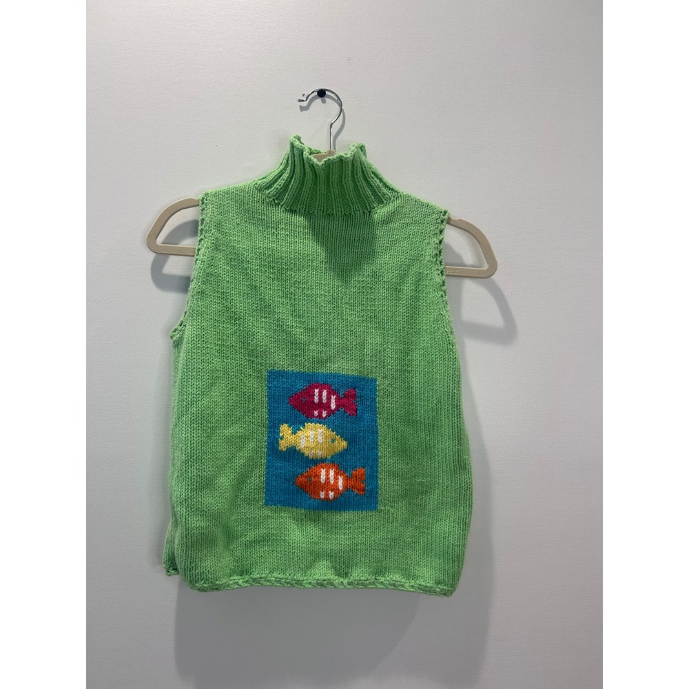Rey Wear Sweater Vest Womens S/M Green Hand Knit Fish Turtleneck Cotton